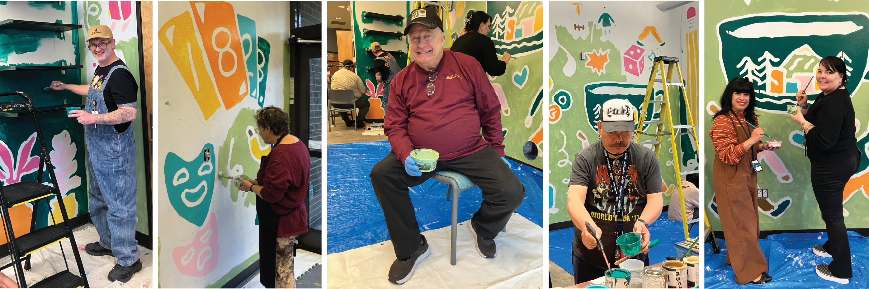 Collage of five different pictures of mix of individuals actively painting on the joint mural or pausing from painting to smile at the camera. Everyone is contributing to the same collaborative mural painting in Maybelle Center's Community Room in Portland, OR.