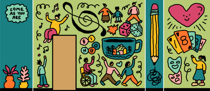 Illustration of colorful mural that now adorns interior wall of Maybelle Center Community Room; the layout features illustrated versions of representation of some of our most popular Neighborhood Program activities, like choir, bingo, cards, and a big welcoming cup of coffee