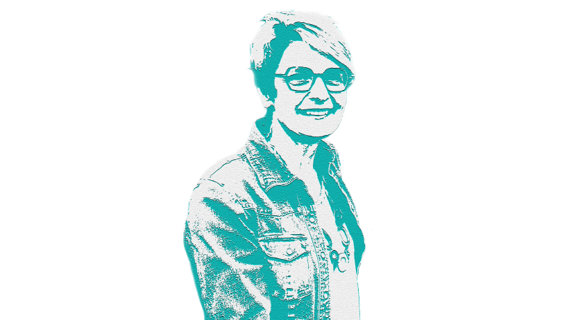 A female with glasses and short hair, wearing a jean jacket. The image is monocolor