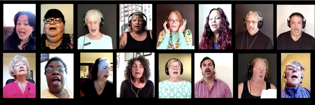 A group of people singing with headphones. Each person in a separate box on the screen..