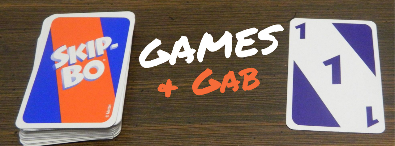 A pile of Skip Bo cards face down on the left and one card with the number one face up on the right. The words "Games & Gab" are in the middle.