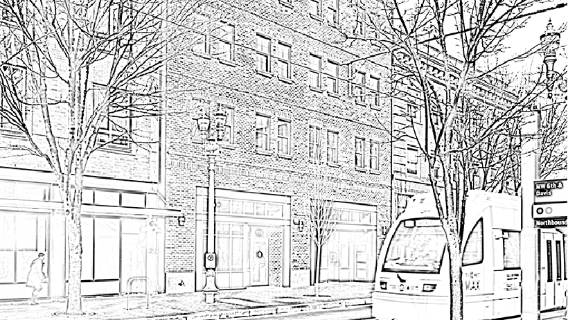 A black and white pencil drawing of the front of Maybelle Center, a brick building with a Max on the tracks in front