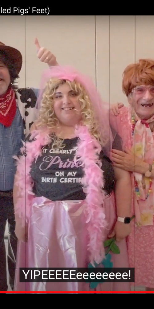 Six white adults standing in a row looking at the camera and smiling, wearing different costume pieces for a theatrical production, including wigs and feather boas.