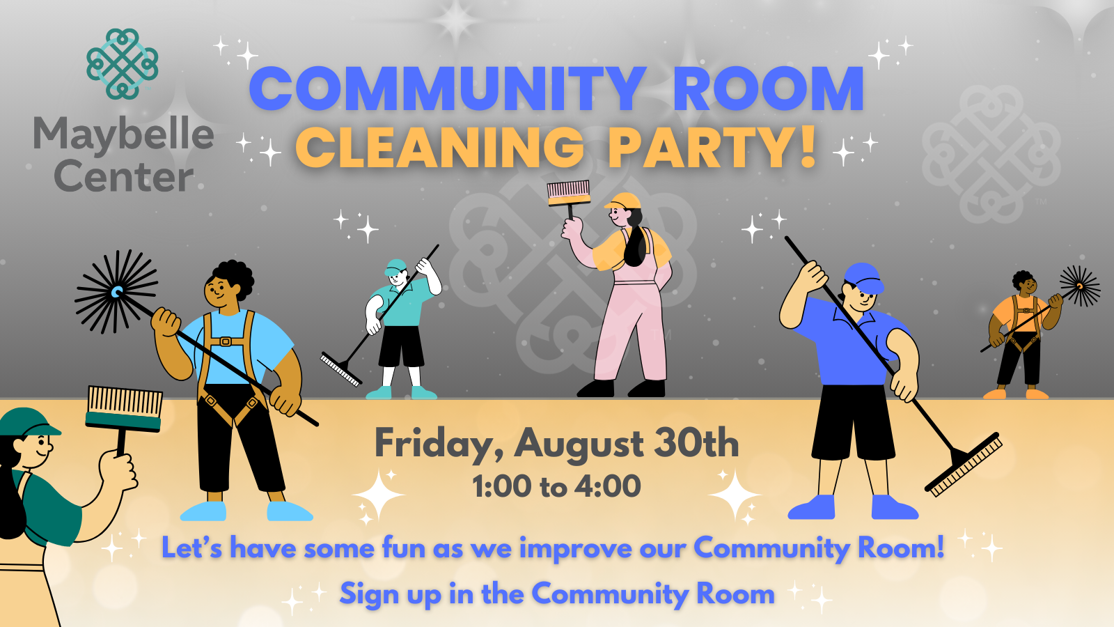 Six different illustrated human figures doing different cleaning activities, such as sweeping and cleaning window, together in a space with overlayed text with the details of the event