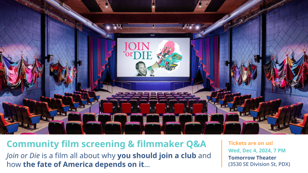 Inside an empty theater with the screen illuminated with a film poster of Join or Die on the screen