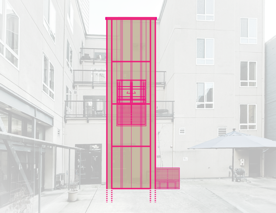 Blueprint of a 4-story elevator tower outside of a commercial stucco building