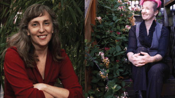Two images side by side, both of individuals seated in front of green nature, smiling towards the camera