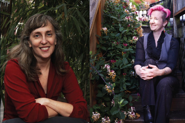Two images side by side, both of individuals seated in front of green nature, smiling towards the camera