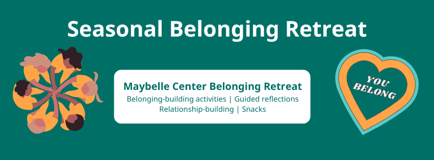 Dark green background with an illustration of six human figures reaching their hands together into the center and a heart-shape with the text 'you belong' in the center; Text reads "Seasonal Belonging Retreat" in the center, inbetween the two illustrations.