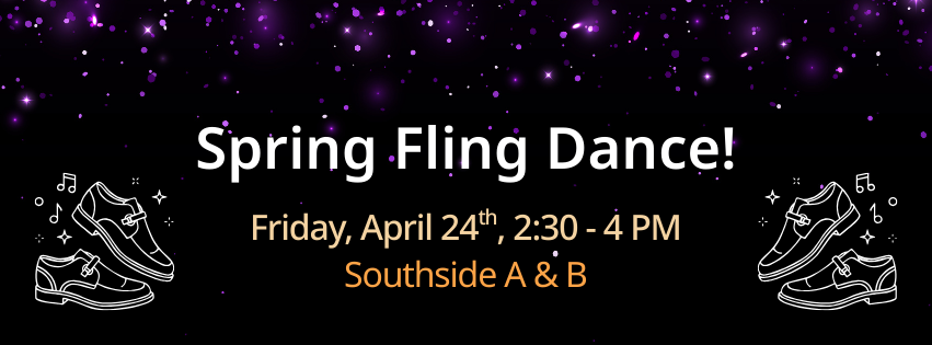 Dark purple background with sparkly brighter purple star effect across the top of the image. In white text in the center "Spring Fling Dance!" with illustrated outlines of dancing shoes with starts beside them on either side of the text.