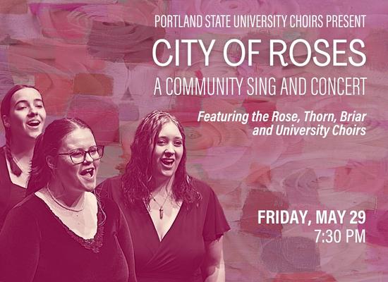 Pink toned collage style image of three individuals standing and singing together, with text taking up the space next to them outlining choir performance details