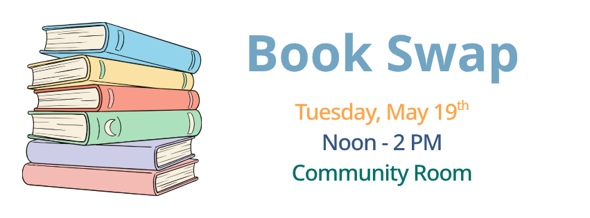 White background with an illustration of a stack of books in solid colors next to text reading "Book Swap"
