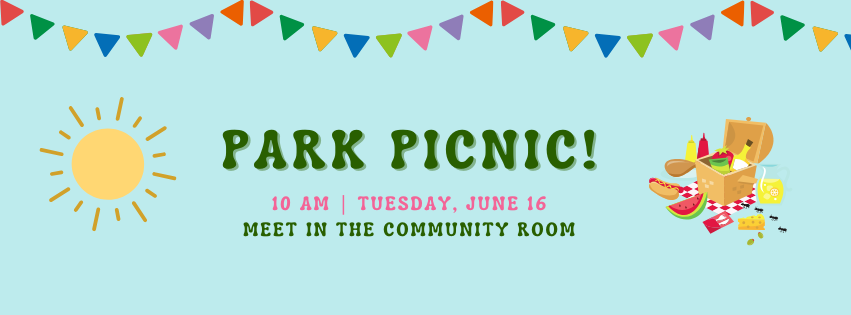 Light blue background with illustrations of a full sun on one side and a picnic basket on the other, framing text reading "Park Picnic!"