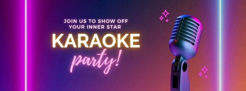 neon shifting color background of pink to blue with a large image of an old fashioned microphone on the right-hand side, next to neon text reading "karaoke party!"