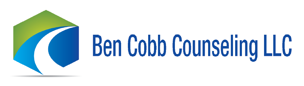 Hexagonal shape inside of which is green on the top and blue on the bottom, with a white path cutting through the center, next to the text "Ben Cobb Counseling LLC"
