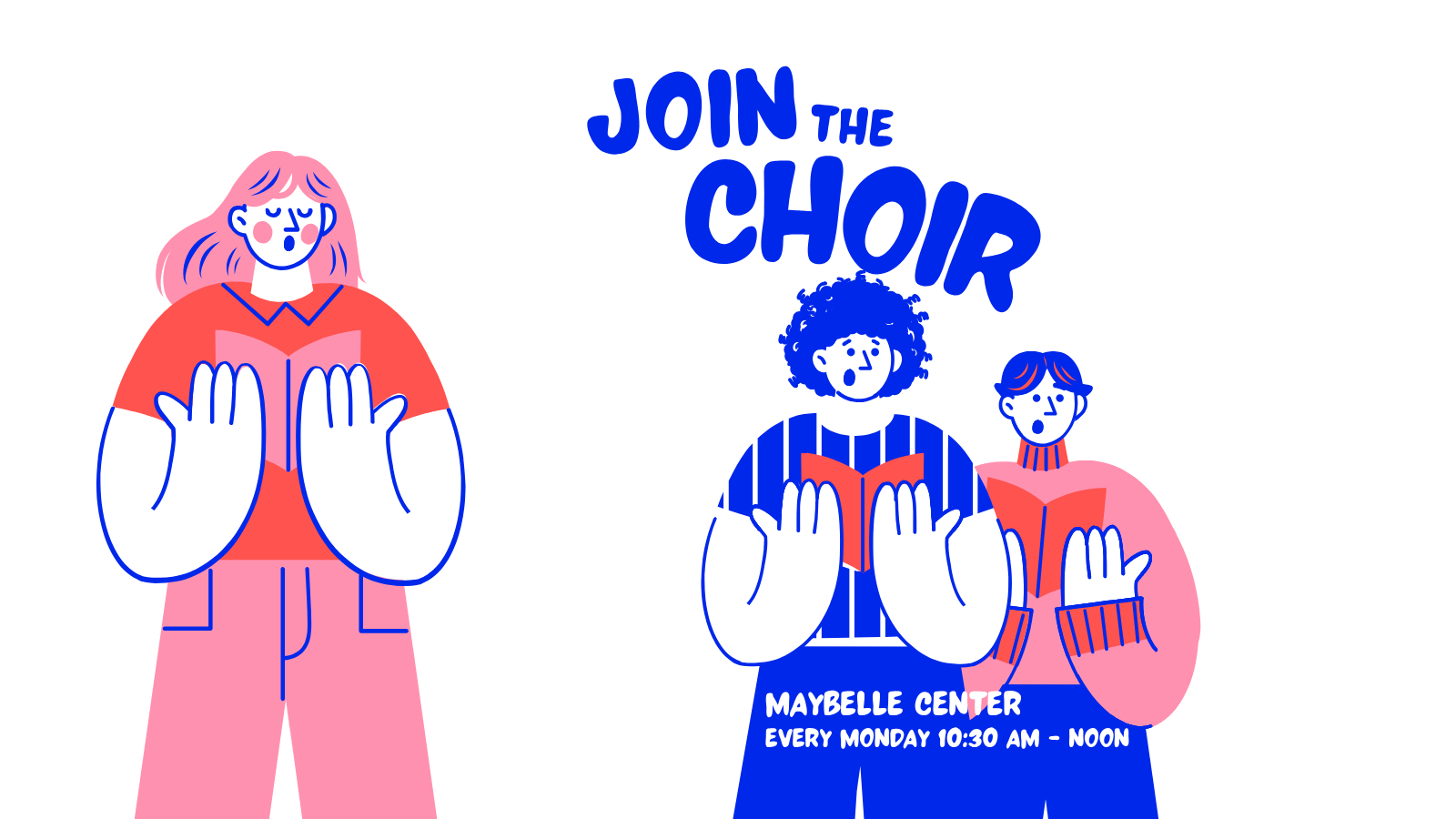 Illustration of three people singing together while looking at papers in their hands; above them is buoyant text reading 'Join the Choir'. Everything is in bright purple, oranges, and pinks.