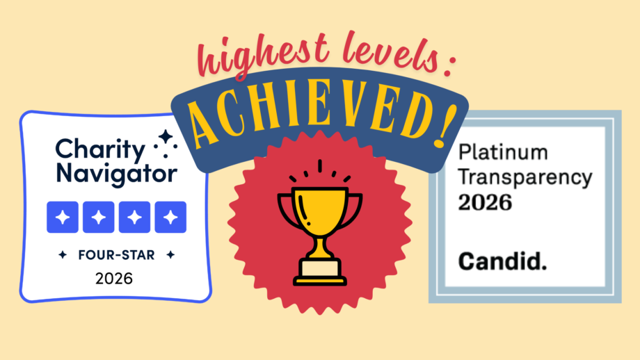celebratory graphic on a cheery yellow background displays that Maybelle Center has earned the 2026 four-star rating from Charity Navigator and the Platinum Seal of Transparency from Candid, both the highest levels awarded from each platform.